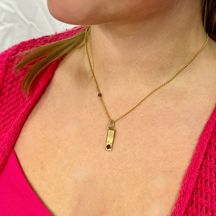 Gold Bar Necklace with Garnet