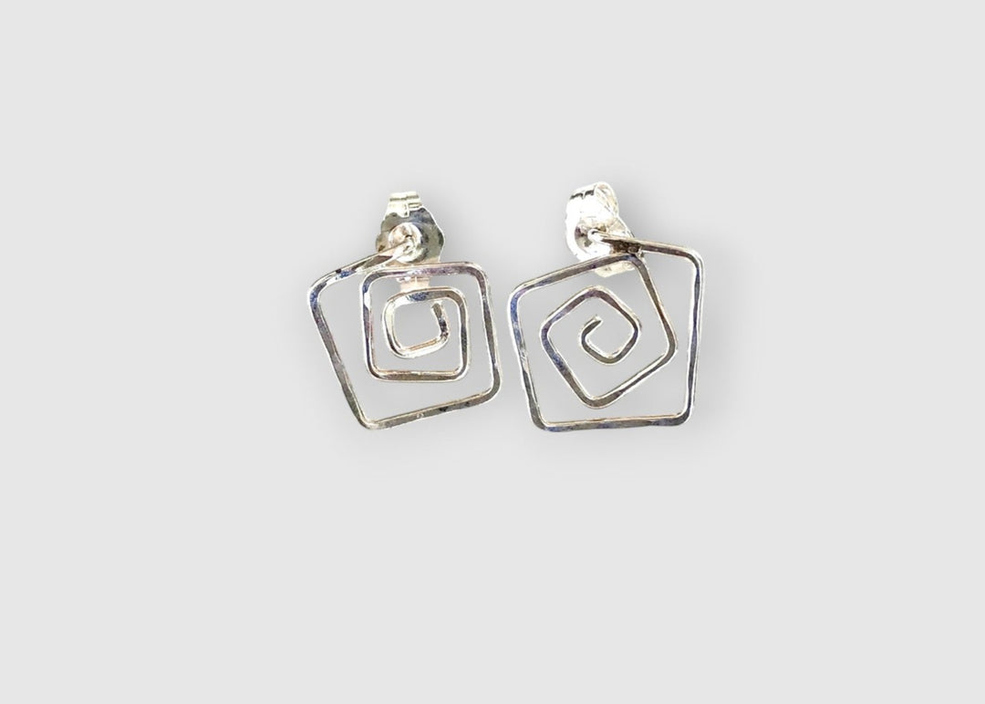 square post earrings silver on white background